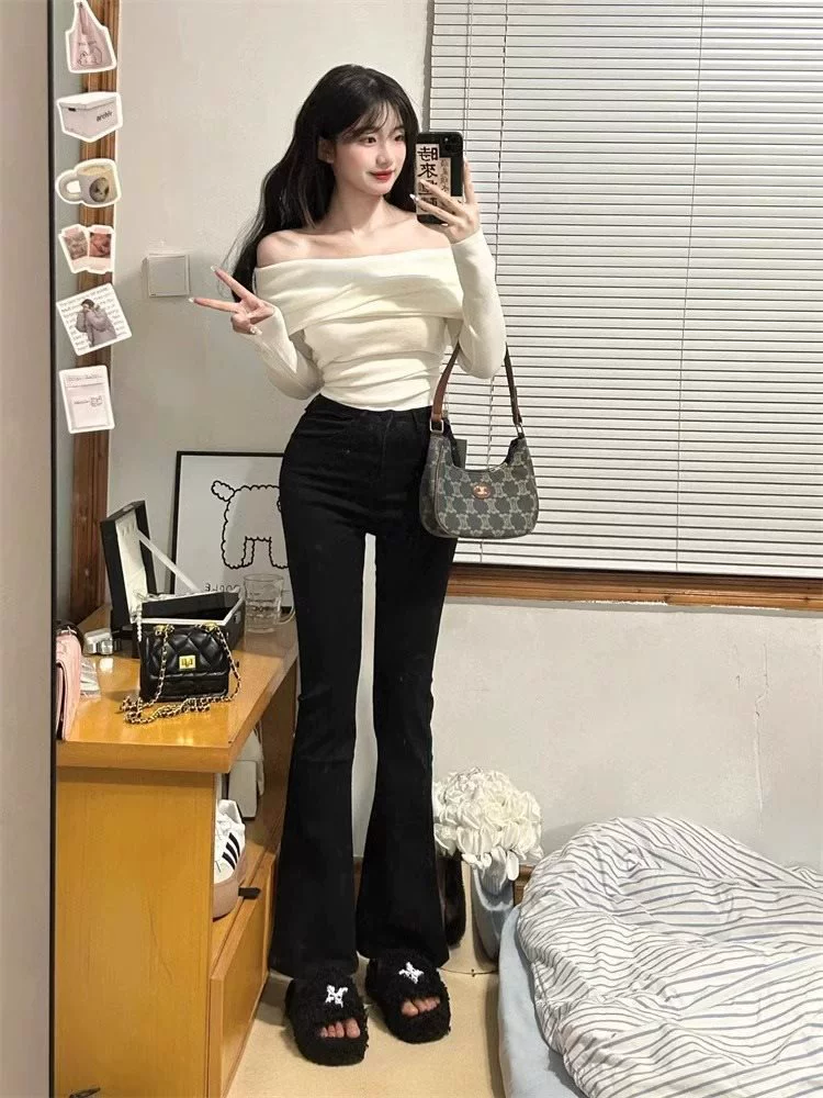 White long-sleeve, spring knitted sweater, open shoulders, 2025 years