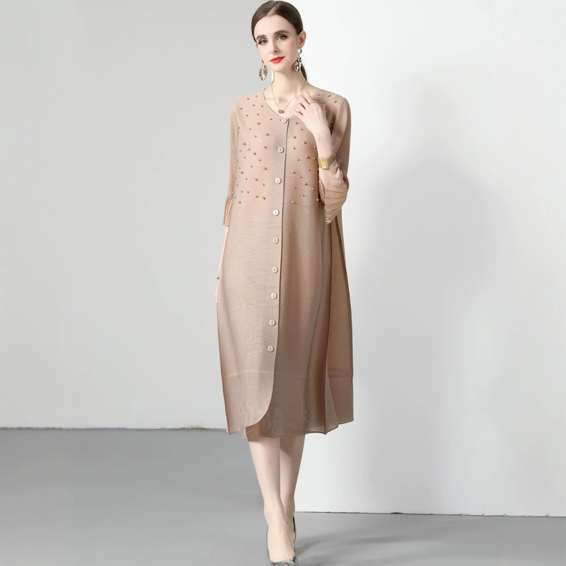 Issey Miyake Plus-Size Women's Pleated Elegant Cardigan Dress with Beading, Flared Sleeves, and a Flowing Skirt, Loose and Elegant Long Dress