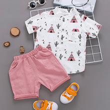 2024夏季新款童装韩版小宝纯棉卡通短袖圆领衬衫短裤潮服男童套装