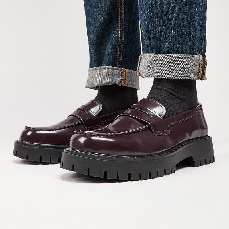 Cross-Border Spring Season Slip-On Thick-Soled Loafers, Formal Business Casual Shoes, Large Size Big-Toe Leather Shoes, Height-Increasing Shiny Men's Shoes