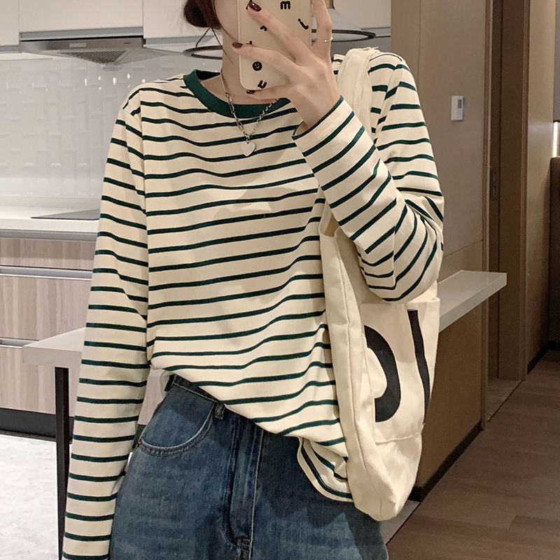 Pure Cotton Stripesd Bottoming Shirt for Women, Spring & Fall Style, Loose, Slim and Versatile Long-Sleeved T-Shirt, Casual Outer Top