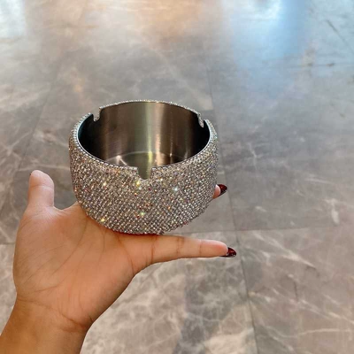 Creative diamond-encrusted ashtray, large stainless steel, Car ashtray - large-silver-backed-white-diamond