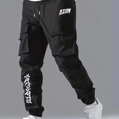 Men's American/European Size Printed Loose Casual Long Pants in Grey and Black