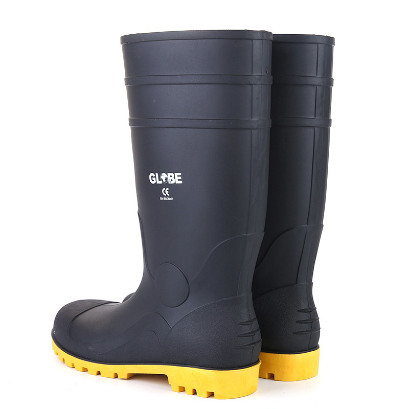 801黑色黄底钢头钢底PVC劳保鞋防护鞋直筒防水防滑耐磨雨鞋防汛鞋
