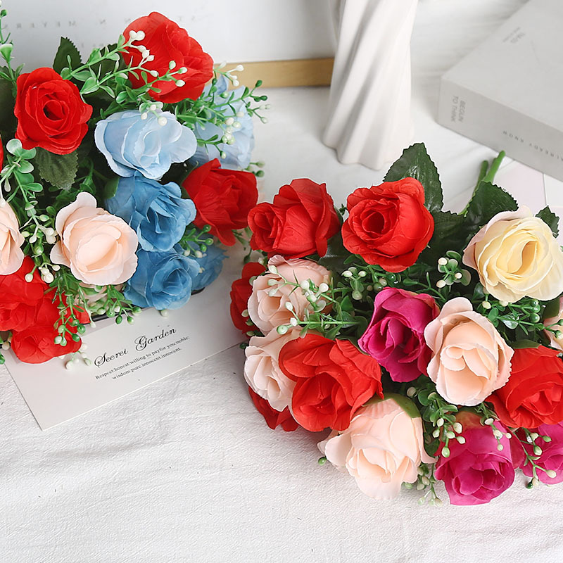 仿真花五彩桃香玫瑰花假花束成品厂家批发婚礼家居装饰高级感成品