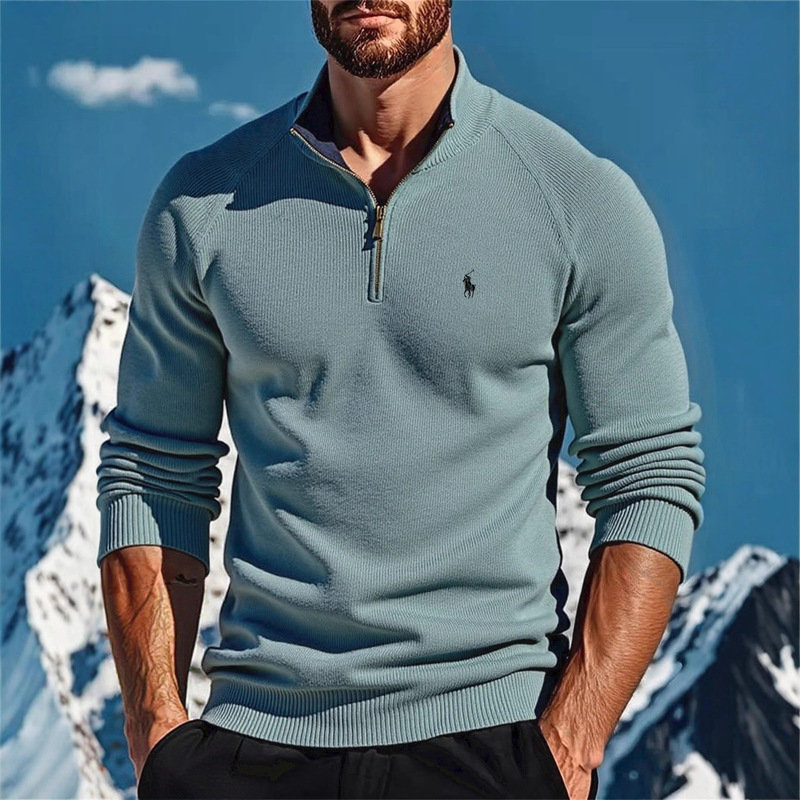 Pony Logo Autumn and Winter New Men's European Size Cross-Border Polo Embroidered Sweater Half Zipper Stand Collar Casual Knitted Sweater