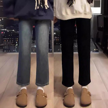 复古烟管牛仔裤女秋冬小个子大码胖mm高腰显瘦九分弹力直筒法棍裤
