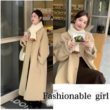 新版学院风羊毛外套女娃娃领饼干色铜扣显瘦中长款双面呢羊绒大衣