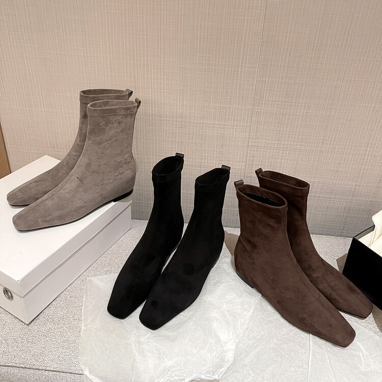 内增高弹力靴女瘦瘦靴秋冬新款方头平跟韩版绒面中跟靴弹力短靴女