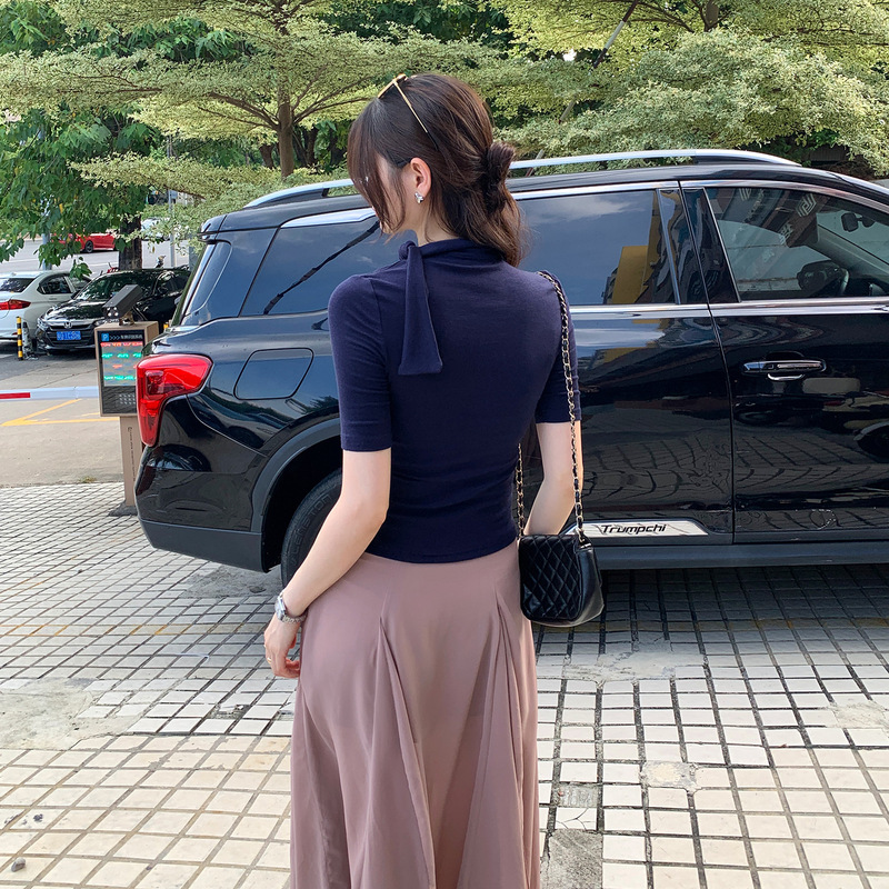天丝羊毛半高领围脖系带中袖内搭打底T恤女装2025早秋季新款上衣|undefined