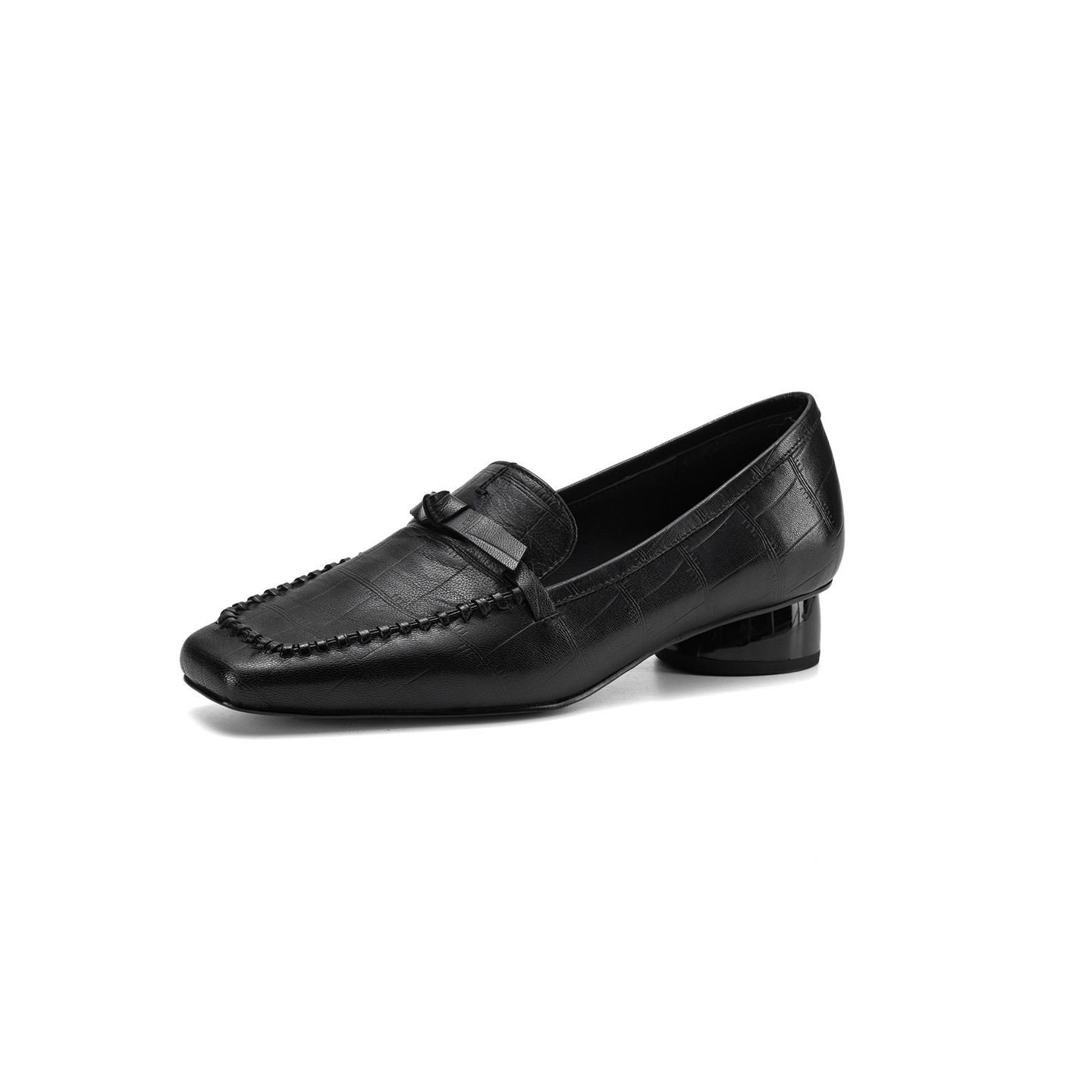 Giày lười nữ da cừu gót thấp 3 cm, mũi tròn dệt vintage, cổ sâu — đen chi tiết 21