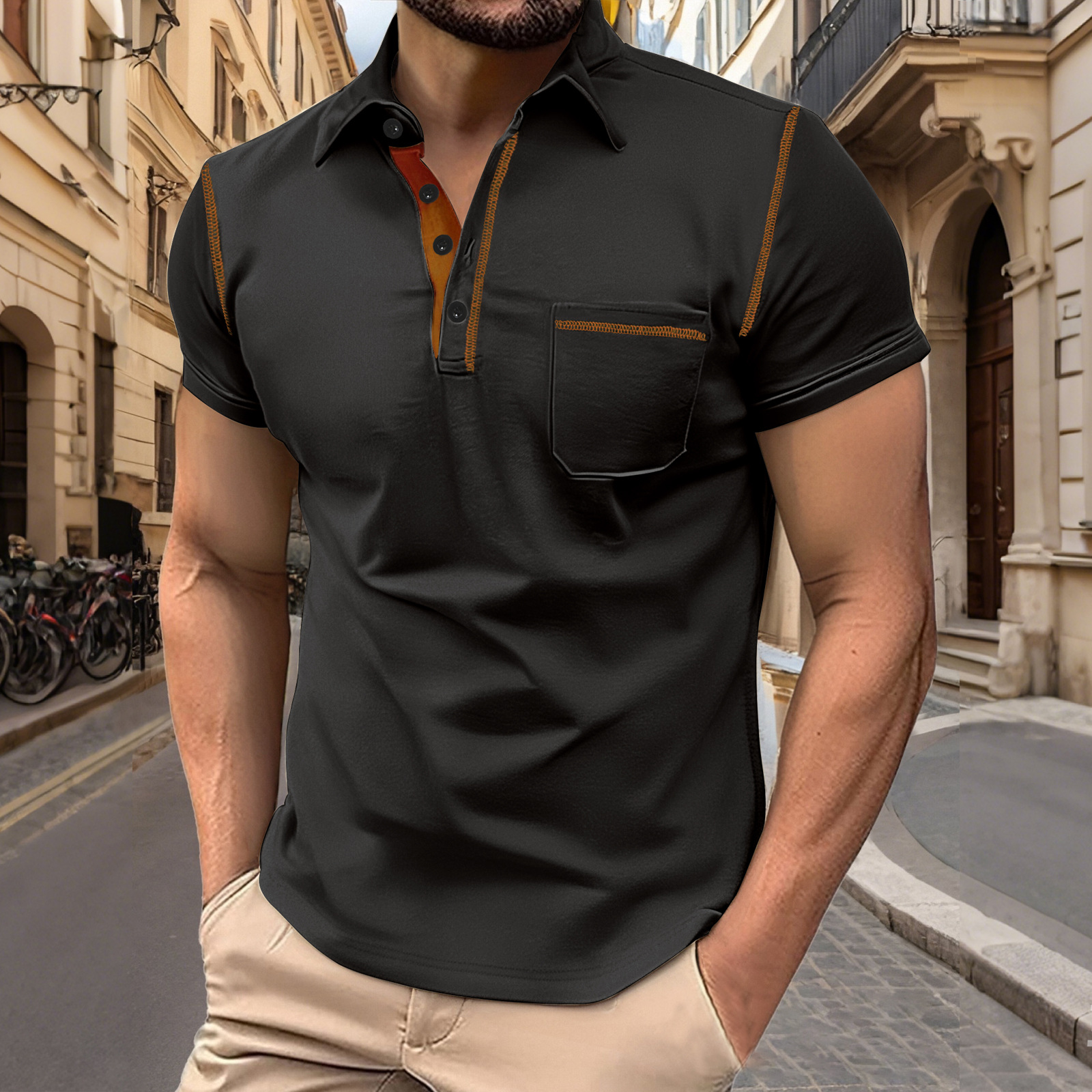 Troncal American TEMU Venta caliente Camisa Henry de manga corta para hombre Verano Deportes casuales Botón de color sólido Tapeta de apertura Polo