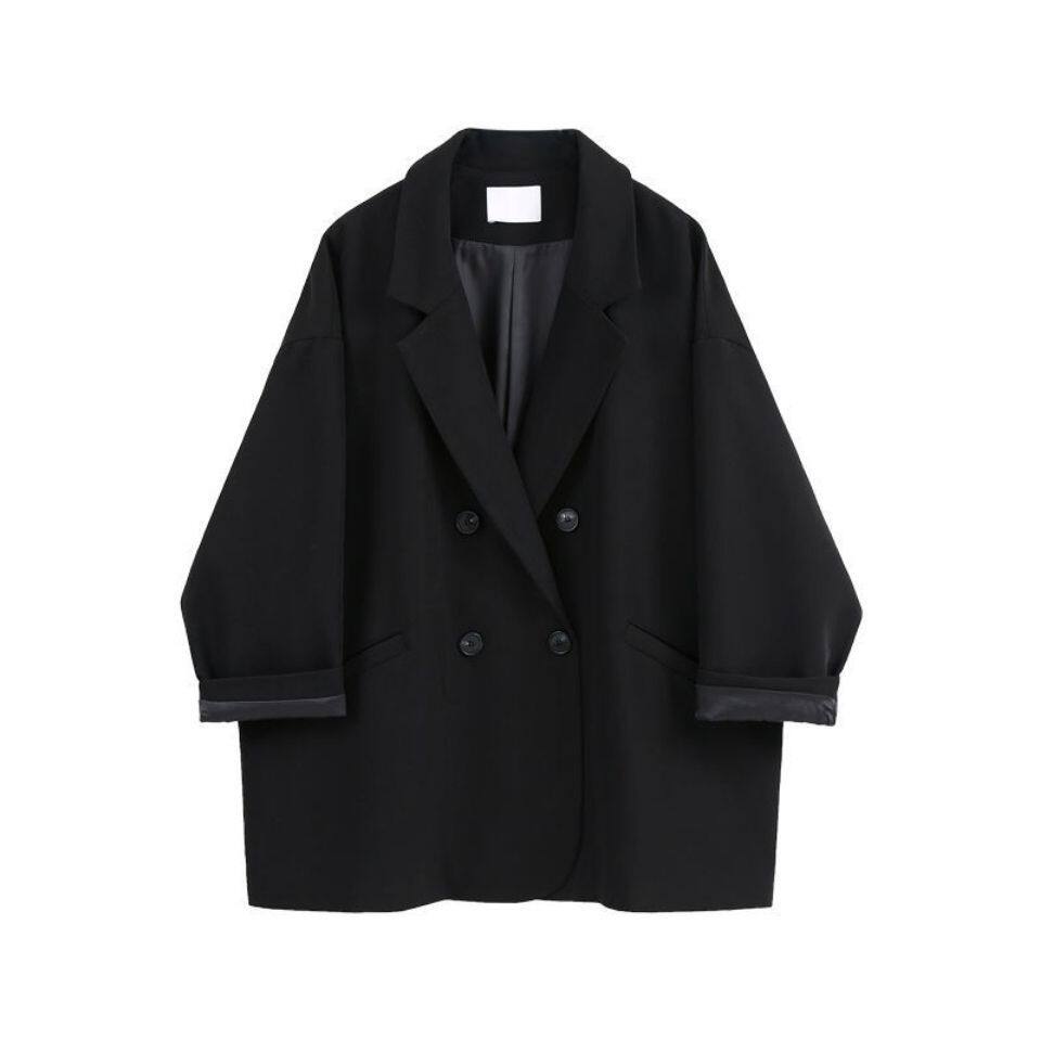 Áo blazer nữ dáng rộng cổ vest tay dài phong cách thanh lịch — quần kaki, đen, Bông đen, Kaki và bông