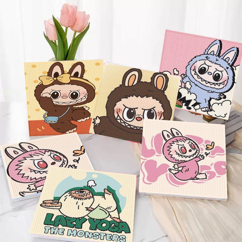 Labubu新款钻石画卡通diy儿童手工玩具拉布布实木带框贴钻画批发
