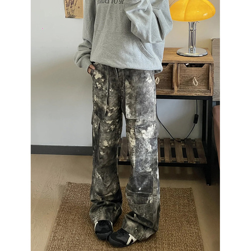 Vibe-style American high street retro printed camouflage work pants for men and women, gender-neutral loose niche straight-leg jeans
