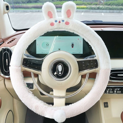 Winter Plush Warm Cartoon New: Steering wheel cover - plush-pink-bunny-handle-round-38cm