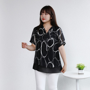 2025 New Plus Size Women's Style Tops Loose Fat mm 100kg V Neck Short-Sleeved Belly-Covering Chiffon Shirt