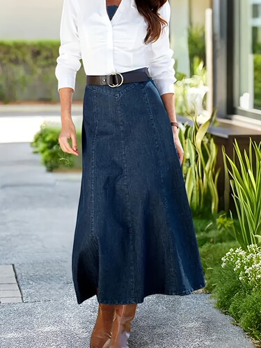 Casual Elegance Women's Casual Denim Midi Skirt With Loose