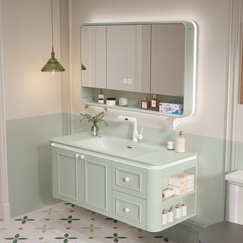 Oak Bathroom Cabinet Arc with Side Cabinet Ceramic All-in-One Basin Green Toilet Wash Cabinet Combination Toilet Face Washing