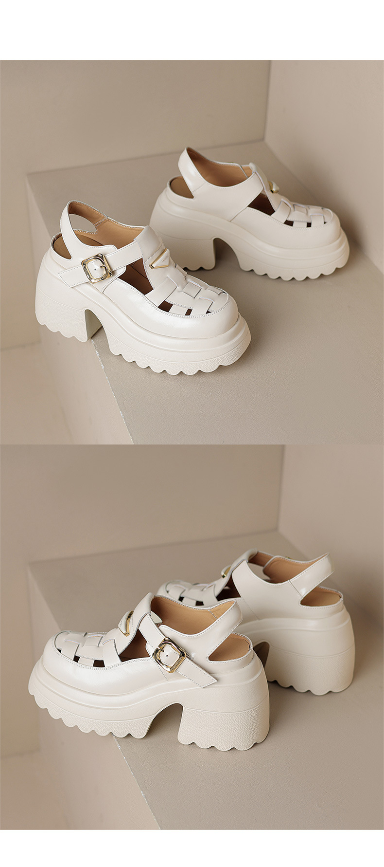 Sandal bít mũi đế độn cao 10cm phong cách La Mã dệt kim hở gót cho nữ — Màu be, Màu đen chi tiết 12