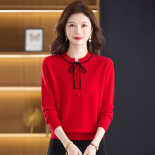秋冬款中年女妈妈装打底洋毛衫上衣高档洋气圆领系带大码毛衣内搭