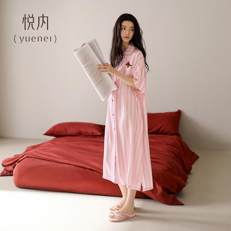 悦内睡裙女款睡衣夏季夏天冰丝绸大码开衫衬衫粉色条纹时尚可外穿|undefined