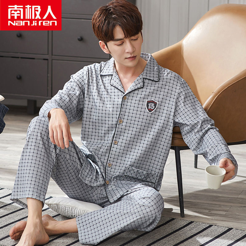 Pijamas de los hombres de manga larga de primavera y otoño 100% algodón de la Juventud de mediana edad más el tamaño de ocio ropa de casa traje