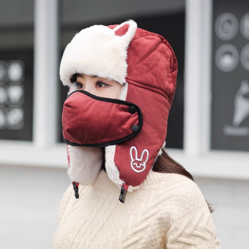 韩版可爱耳朵雷锋帽女冬季加厚护耳帽子百搭骑车口罩挡风包头帽男