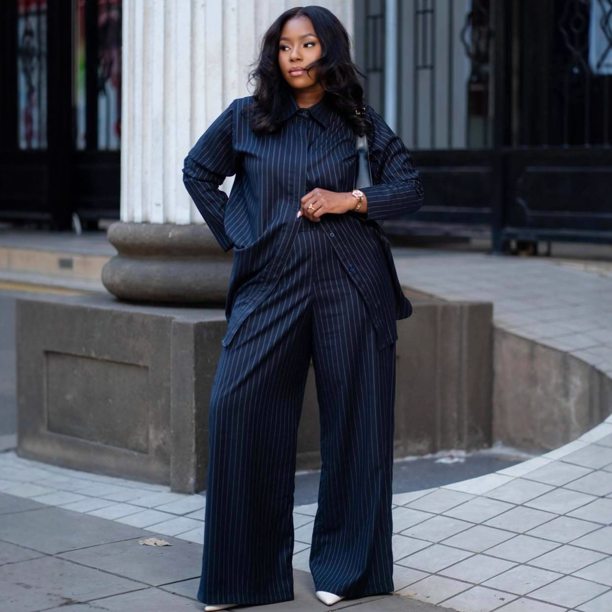 European and American Cross-Border New Women's Fashion Elegant Long-Sleeved Striped Lapel Shirt African Casual Pants Two-Piece Set for Women