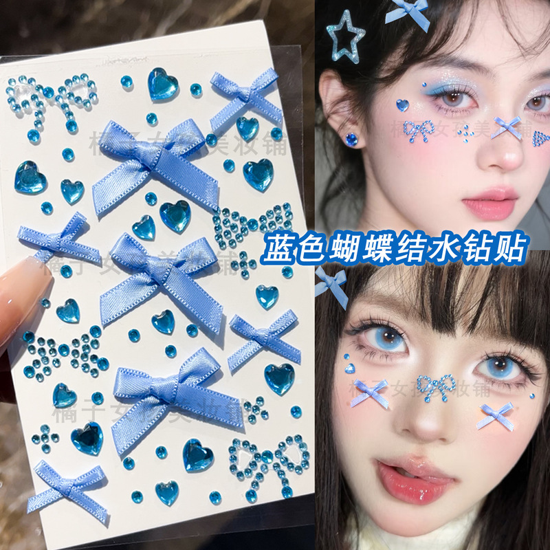 Blue Face Stickers with Bows, Concert Face Decorations, Diamond Stickers, Cheering Makeup, Face Decals for Women