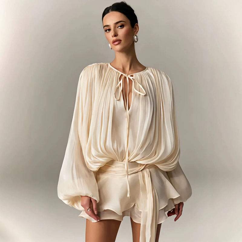 2026 Women's Solid Color Shirt Mini Dress V-Neck Long Sleeve Patchwork Tie-Up Sweet Style Dress