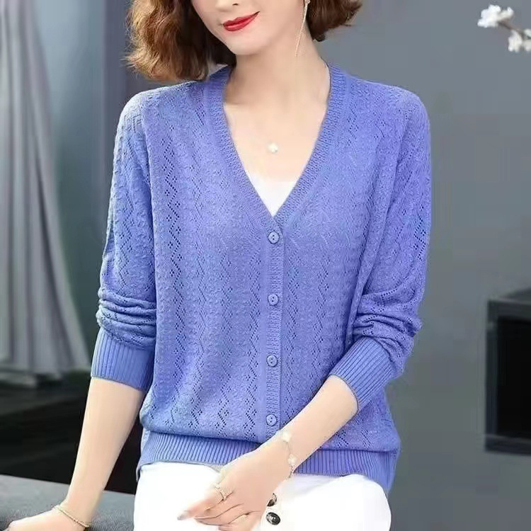 Hollow Thin Mulberry Silk Knitted Jacket Women's Cardigan New Spring and Summer Thin Long-Sleeved Ice Silk Sunscreen Air-Conditioning Shirt