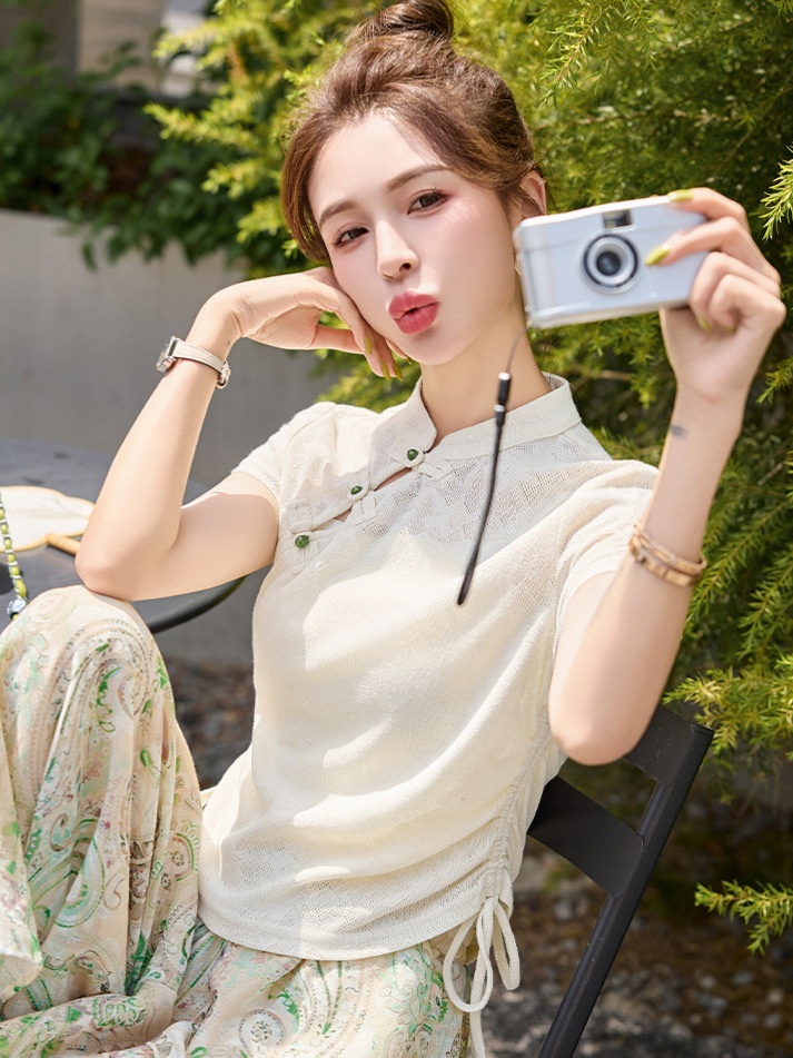 Bộ áo chân váy hai mảnh kiểu Trung Quốc mới hè 2025 phong cách retro — Màu hồng, Màu xanh lá