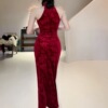 Pearl embellishment off shoulder cheongsam with buttocks wrapped dress