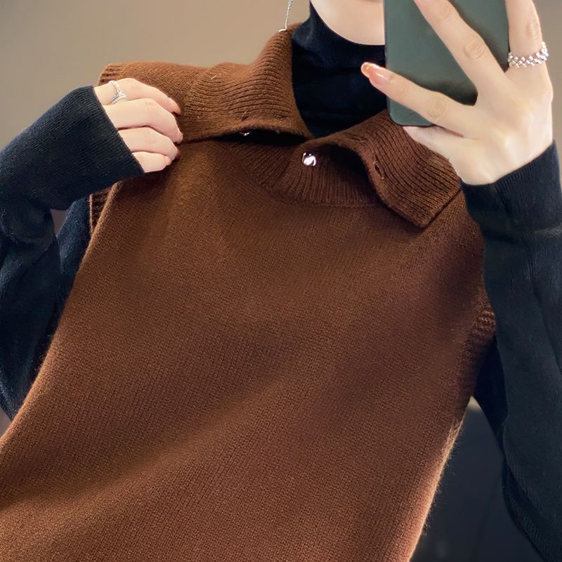 Nuevo chaleco de cuello alto de otoño y invierno chaleco de punto de moda de color sólido con hombros suéteres sueltos sin mangas