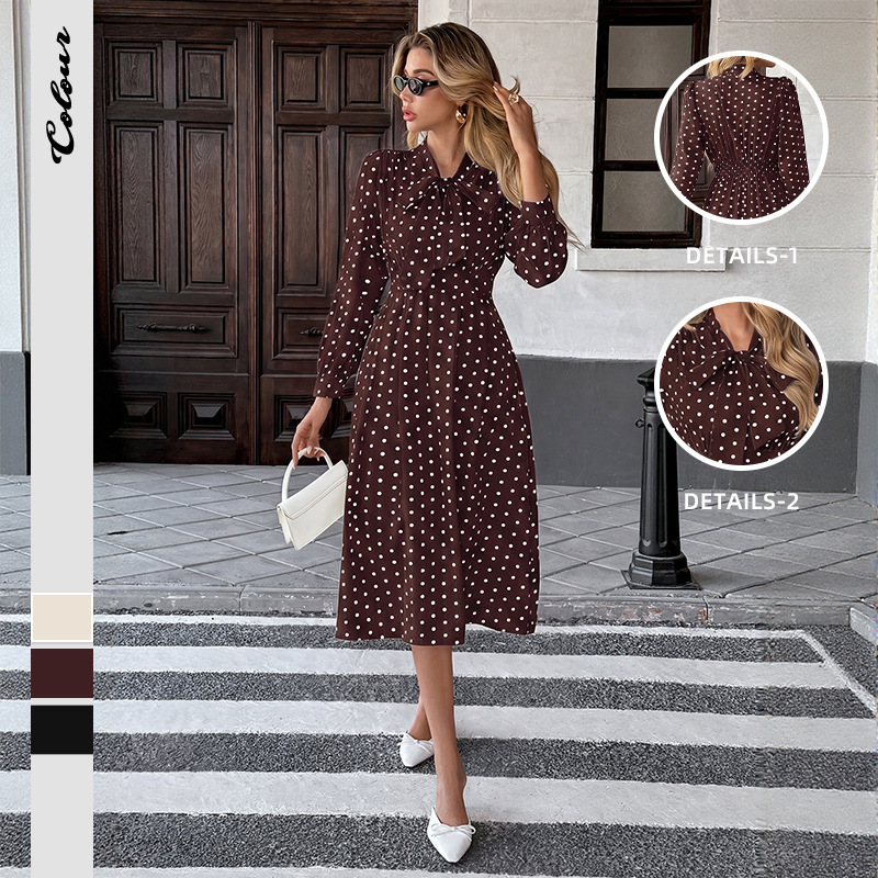 European and American Cross-Border Amazon 2026 Autumn and Winter New Elegant Retro Bow Collar Long-Sleeved Waist-Cinching Polka Dot Dress European and American Cross-Border Amazon 2026 Autumn and Winter New Elegant Retro Bow Collar Long-Sleeved Waist-Cinching Polka Dot Dress