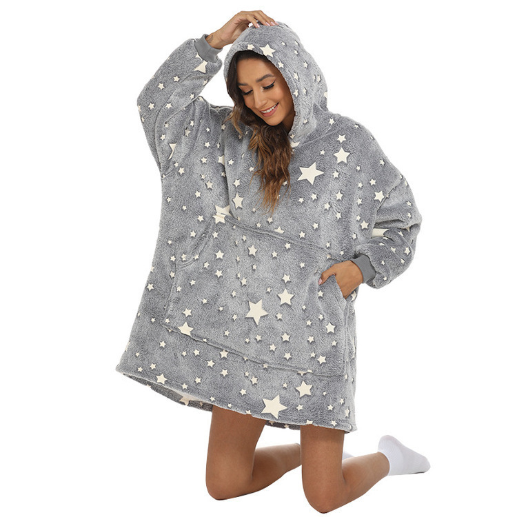 Cross-Border Gray Five-Pointed Star Luminous Lazy Blanket Flannel Sherpa Blanket Casual Hooded Sweatshirt