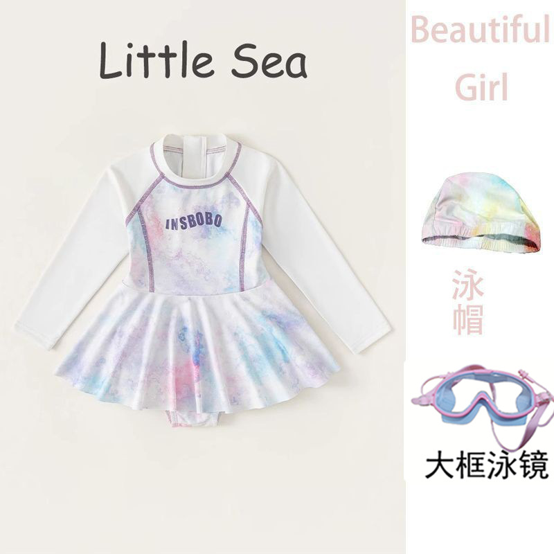 6049#흰색 수영복 + 수영모 + 대형 프레임 수영 고글