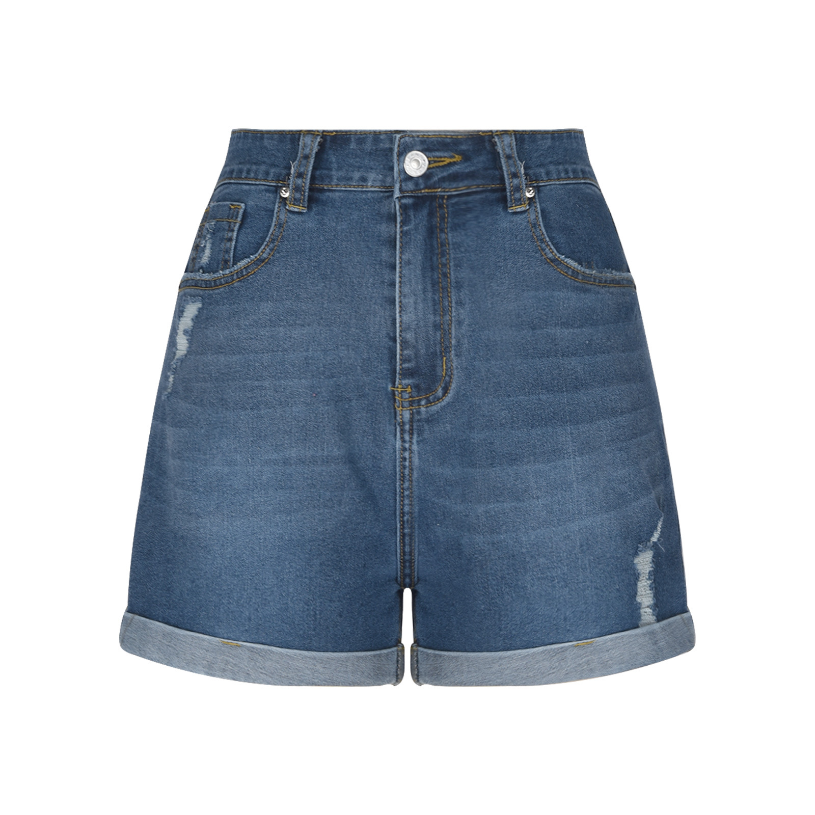 K Women's New Straight Tube Slim Fit Denim Shorts With Worn Edges And Rolled Edges_ecoleips.com