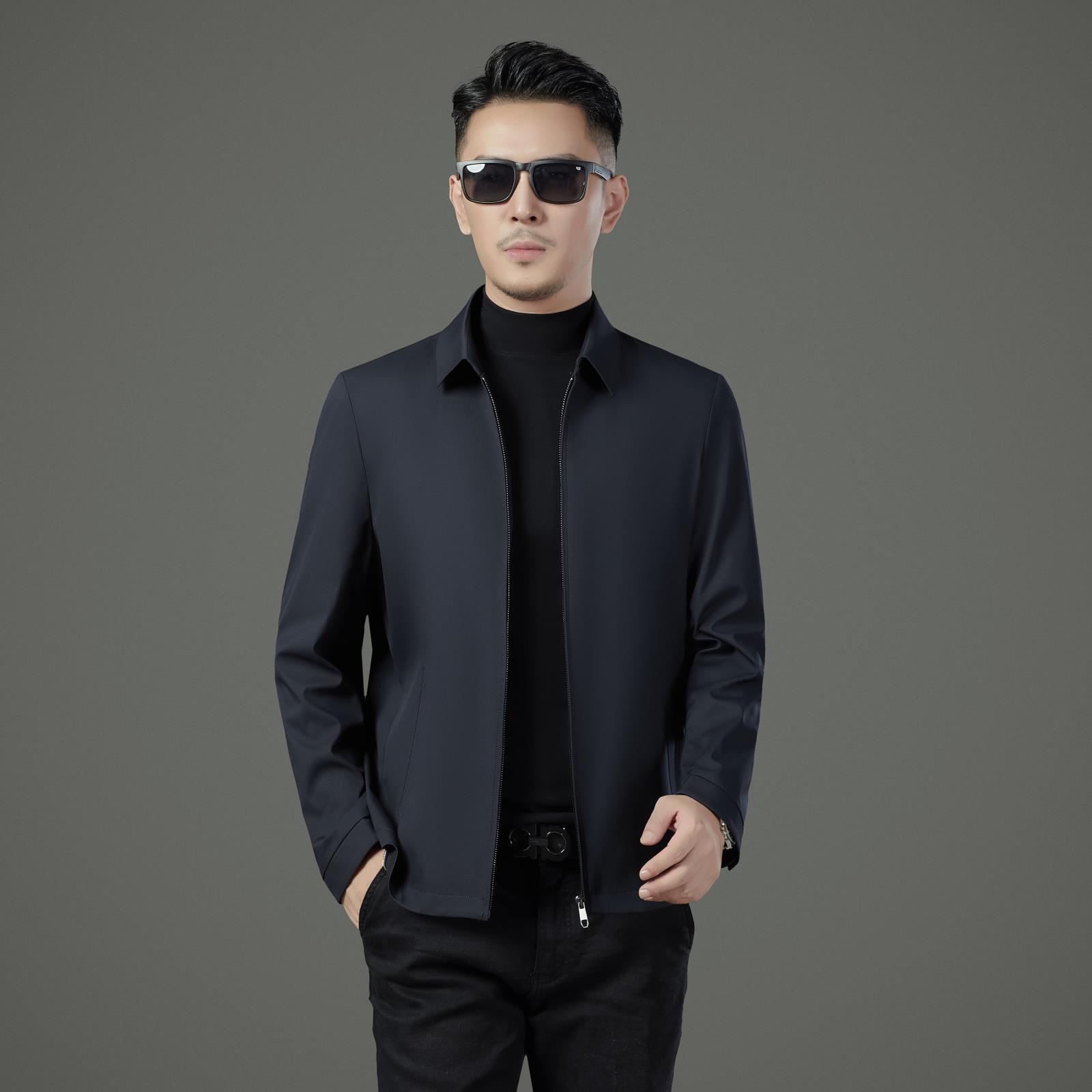 2025春秋薄款夹克男士中年宽松行政领导商务休闲翻领桑蚕丝外套男