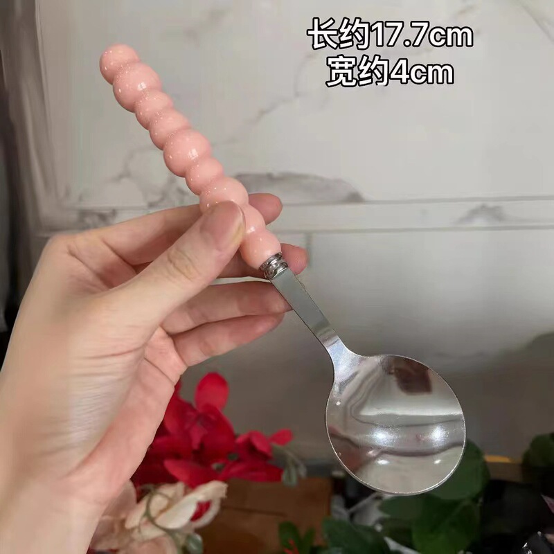 四色珍珠不锈钢勺子陶瓷手柄家用西餐餐勺高颜值少女心圆勺调羹|undefined