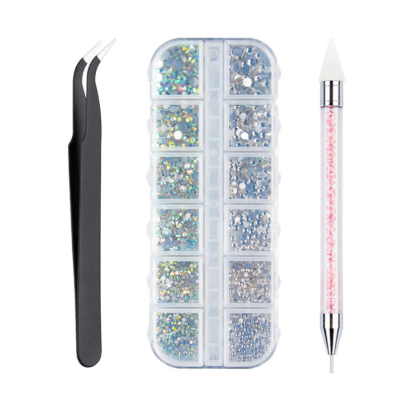 New hot nail jewelry set AB color + full silver flat drill point drill no logo curved tweezers spot New hot nail jewelry set AB color + full silver flat drill point drill no logo curved tweezers spot
