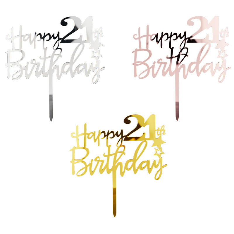 跨境烘焙蛋糕装饰happy birthday21岁生日快乐亚克力派对蛋糕插牌