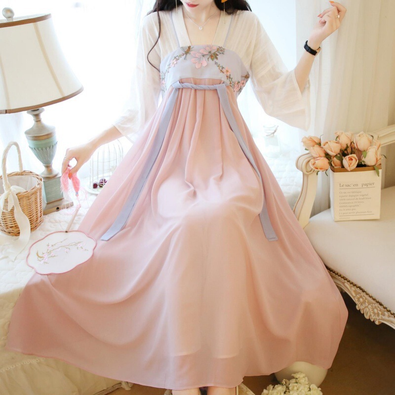 Improved Hanfu Summer New Female Student Embroidered Antique Costume Fairy High Waist Mid-Sleeve Chiffon Long Dress