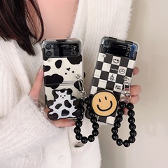 ins格子笑臉奶牛熊適用三星Filp5摺疊屏手機殼翻蓋ZFlip4透明跨境