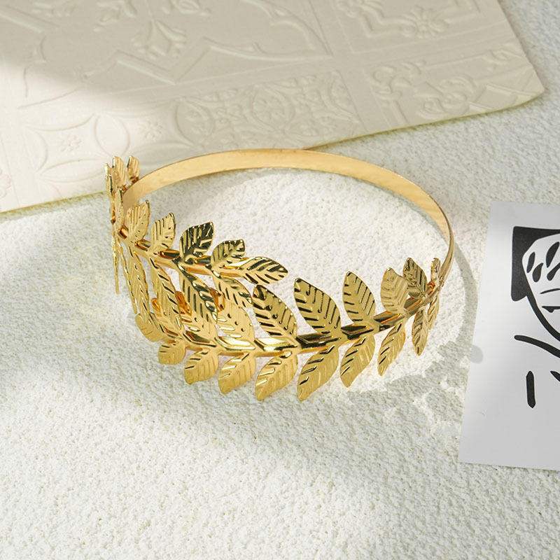 Brazalete de hoja de venta caliente europeo y americano, joyería de novia romana, pulsera de brazo ajustable abierta de metal, hebilla de cortina de metal