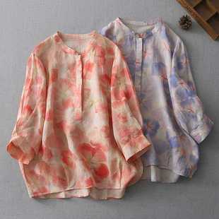 Real Shot of Thin Three-Quarter Sleeve Shirt for Spring and Summer Women's Artistic Fresh Printed Loose Stand-Up Collar Half-Button Shirt Top