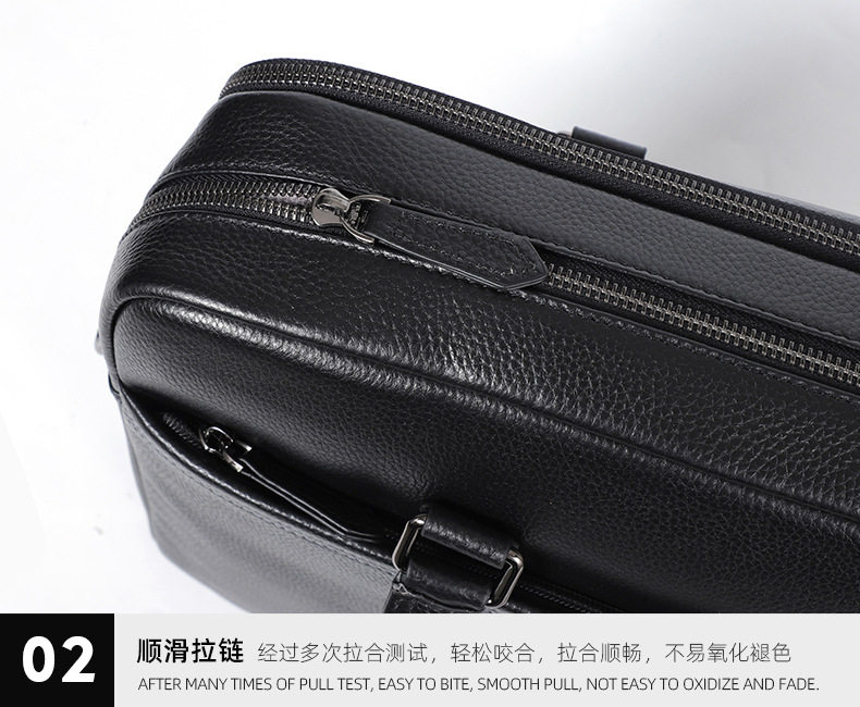Túi xách tay nam da bò thật 39×10×29 cm có hai ngăn khóa kéo, đeo chéo một vai — Màu đen chi tiết 18