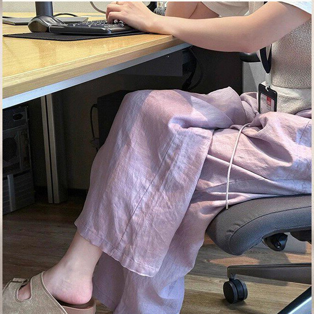 Summer Maternity Lyocell Purple Linen Wide-Leg Pants, Thin High-Waisted Loose Drapey Ice Silk Straight-Leg Casual Pants