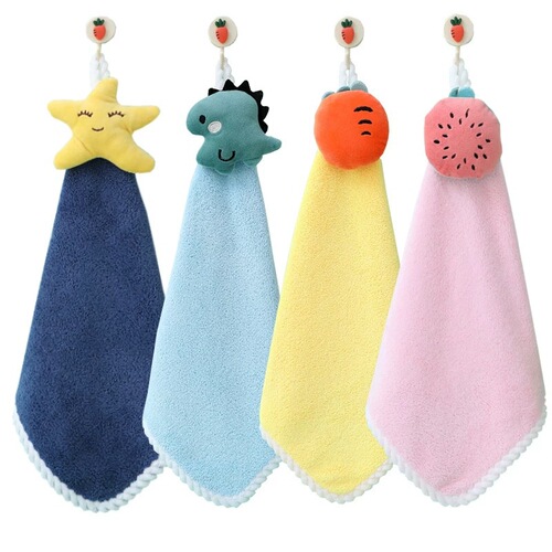 Hand Towel Cute Cartoon Hanging Towel Kitchen Bathroom Water Absorbent Soft Thickened Coral Velvet Hand Towel